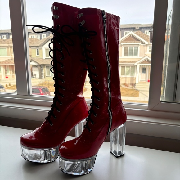 Red Latex Platform Boots - Picture 3 of 3